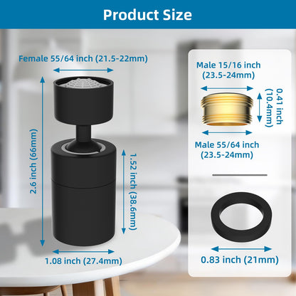 Hibbent NSF/ANSI/CAN 61 Certified Faucet Aerator, Kitchen Sink Faucet Aerator, 2-Flow CUPC Certification 360-degree Swivel Faucet Extender, 55/64 Inch Female Thread, Water Saving-Matte Black