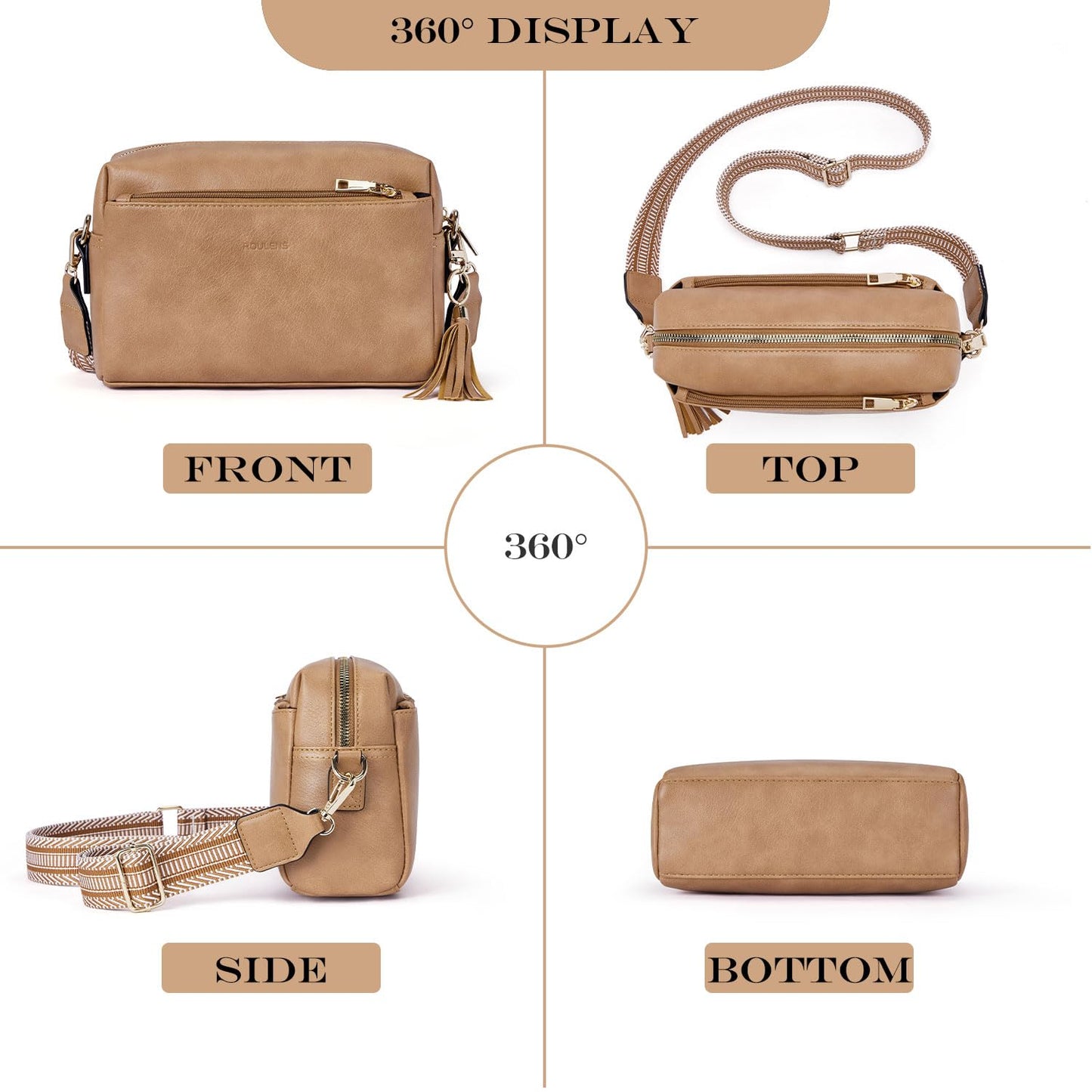 Roulens Triple Zip Small Crossbody Bag for women,Wide Strap Cell Phone Purse Shoulder Handbag Wallet with Credit Card Slots