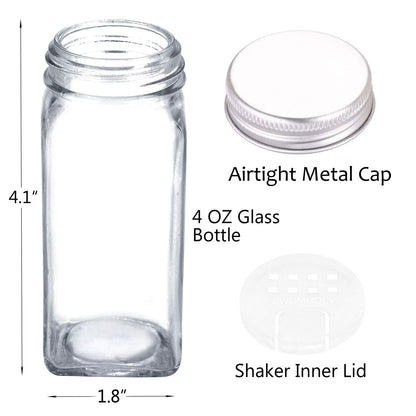SWOMMOLY 25 Glass Spice Jars with 703 Spice Labels, Chalk Marker and Funnel Complete Set. 25 Square Glass Jars 4OZ, Airtight Cap, Pour/sift Shaker Lid