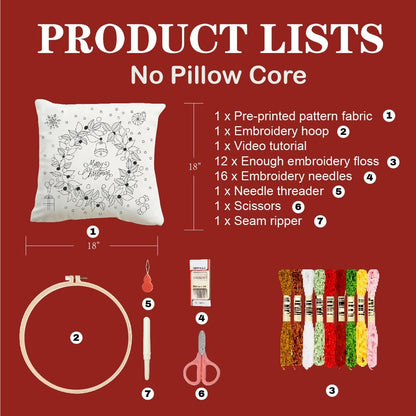 GQKHSS DIY Embroidery Kit, Decorative Pillow Cover with Floral Design,18 x 18'',Complete Starter Set with Thread and Tools,No Pillow Core (Garland)