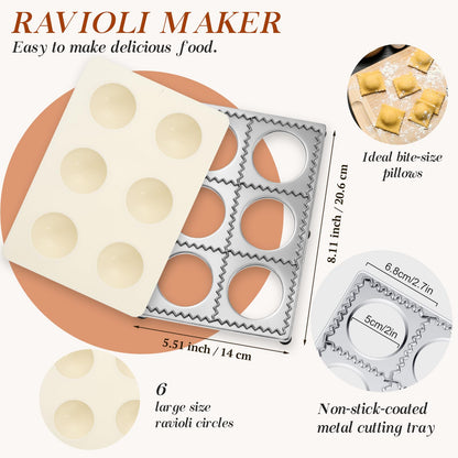 Geetery 5 Pcs Ravioli Mold Set 2.7 Inch Squares Ravioli Maker Cutter Include 1 Raviolis Maker Press 3 Pasta Cutter Stamp Makers 1 Wood Rolling Pin Pasta Making Tool for Home Kitchen Supplies (6 Holes)
