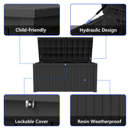 Decksplore 270 Gallon Outdoor Storage Box Resin Deck Box All Weather Waterproof Large Lockable Storage Container Deck Box for Patio Furniture, Garden Tools, Lockable, Black