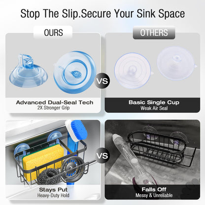 HOKEMOM 3-in-1 Kitchen Sink Caddy Organizer with Sponge Holder, Brush Holder, Extra Rack for Scrubber, Sink Stopper, Dish Cloth Hanger - Strong Dual Suction Cup, 2.0mm SUS304 Stainless Steel - Black