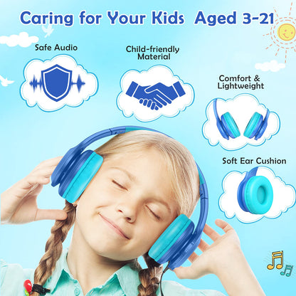 Candy Bila Kids Bluetooth 6.0 Headphones with LED Light, 85Hours Playtimes, Type-C Fast Charging, 85/94dB Volume Limited, Comfort Wireless Headphones with Built-in Mic, Wired & TF Card Mode, Blue