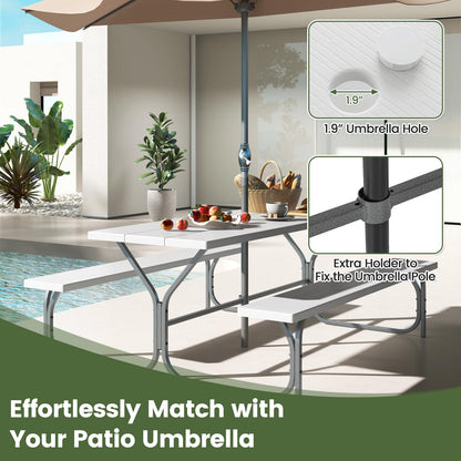 Giantex Picnic Table 6FT for 8 Person, Outdoor Table Set w/ 2 Benches, All-Weather HDPE Rectangular Tabletop, Heavy Duty Metal Legs, Umbrella Hole, for Patio Yard Lawn Party (White)
