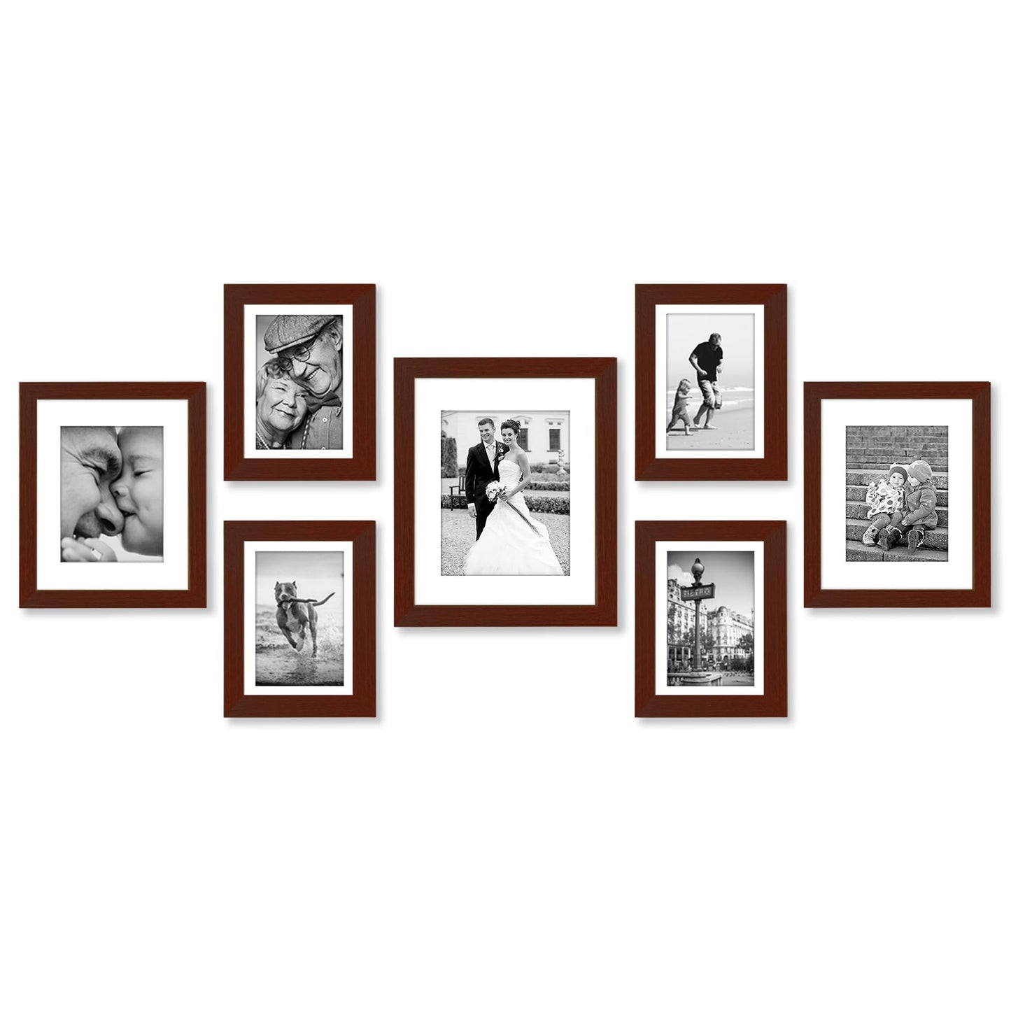 Americanflat Set of 7 Picture Frames with Shatter-Resistant Glass - Gallery Wall Frame Set with One 11x14, Two 8x10 and Four 5x7 Frames - Signature Collection - Mahogany
