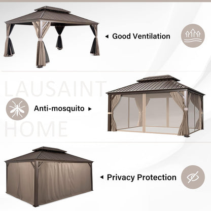 LAUSAINT HOME 10'x12' Hardtop Gazebo, Outdoor Aluminum Frame Permanent Metal Pavilion with Double Roof, Privacy Curtains & Mosquito Nettings for Patio, Lawn & Garden, Brown