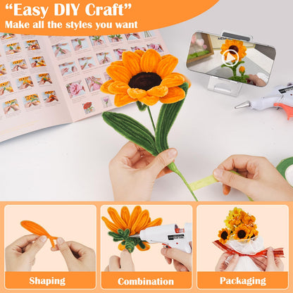 SZXYMUQI 500pcs Pipe Cleaners Craft Kit for Flower Making Sunflower DIY Material Bundle with 20 Stems, 100 Stamens, Ribbon, Tulle, Glue Sticks All-in-One Chenille Stems Art Supplies for Adults Gift