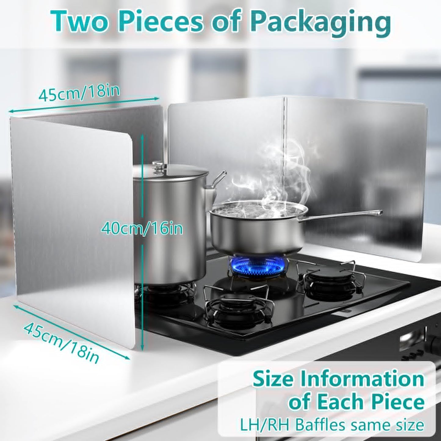 18"x16" Stove Splash Guard 2 Pack, Foldable Stainless Steel Backsplash, Heat Insulation Oil Splash Protector with Edge Guard for Kitchen Countertop