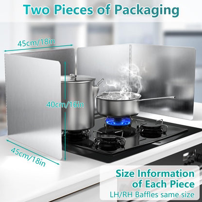 18"x16" Stove Splash Guard 2 Pack, Foldable Stainless Steel Backsplash, Heat Insulation Oil Splash Protector with Edge Guard for Kitchen Countertop