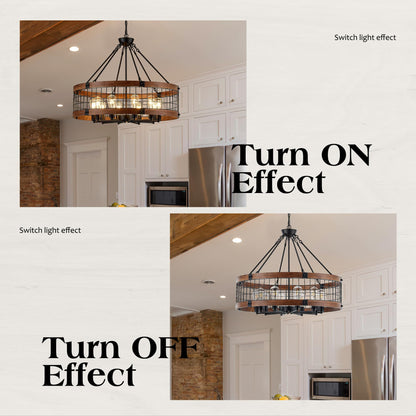 Faibra 10-Light Farmhouse Drum Wood Pendant Light,32'' Vintage Rustic Brown Oak Wood Chandeliers,Retro Industrial Hanging Light Fixtures for Dining Room Entryway, Bedroom