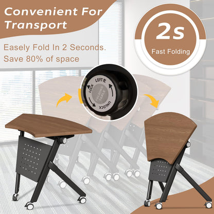 JFazzruit Folding Conference Table,Fan-Shaped Conference Room Tables with Wheels, Mobile Modular Seminar Meeting Desk for Classrooms,Office & Seminar (8, Fan-Walnut)