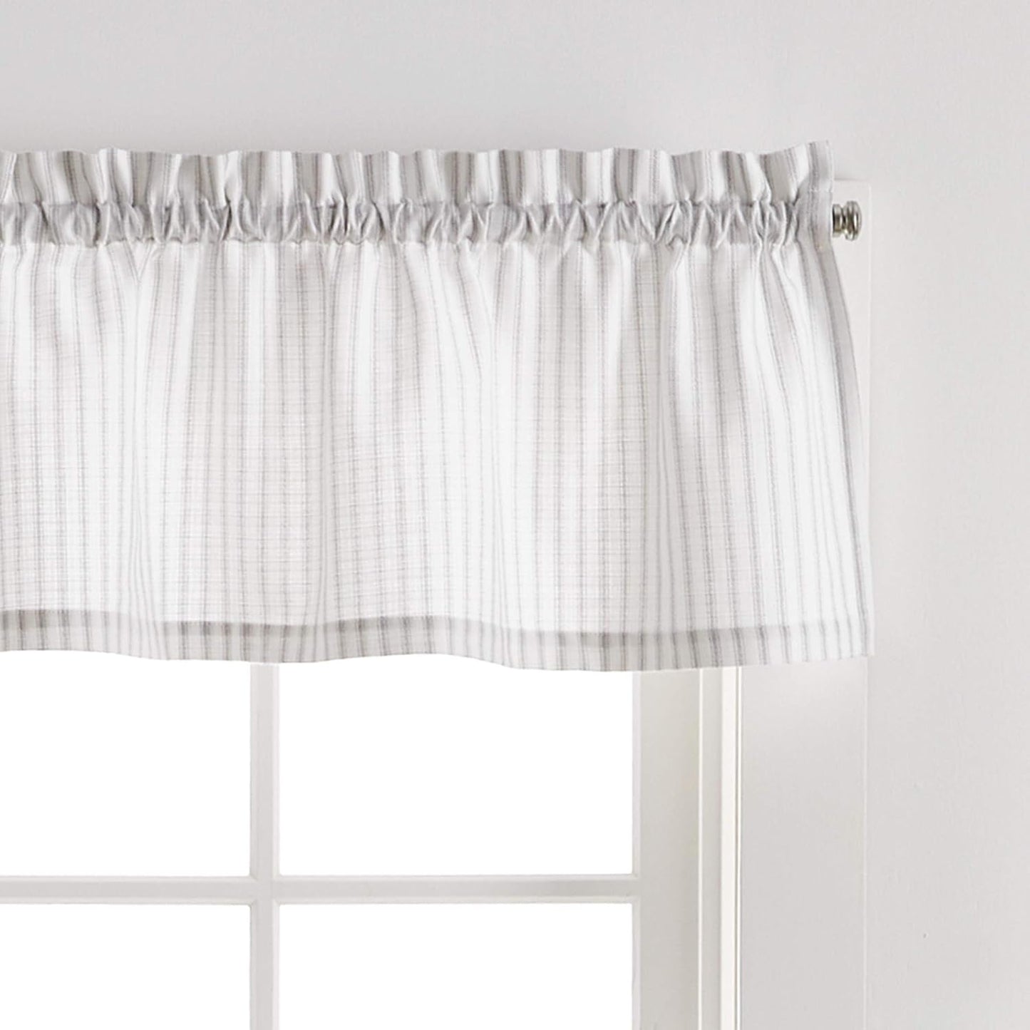 Martha Stewart Ticking Stripe 3-Piece Window Curtain Set - Valance and Tiers, White Grey