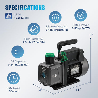 PB Motor TECH 4.5CFM 1/3HP Vacuum Pump with 4-Way AC Manifold Gauge Set for R134a R22 R410a - Includes Leak Detector, Puncture Can Tap, and More