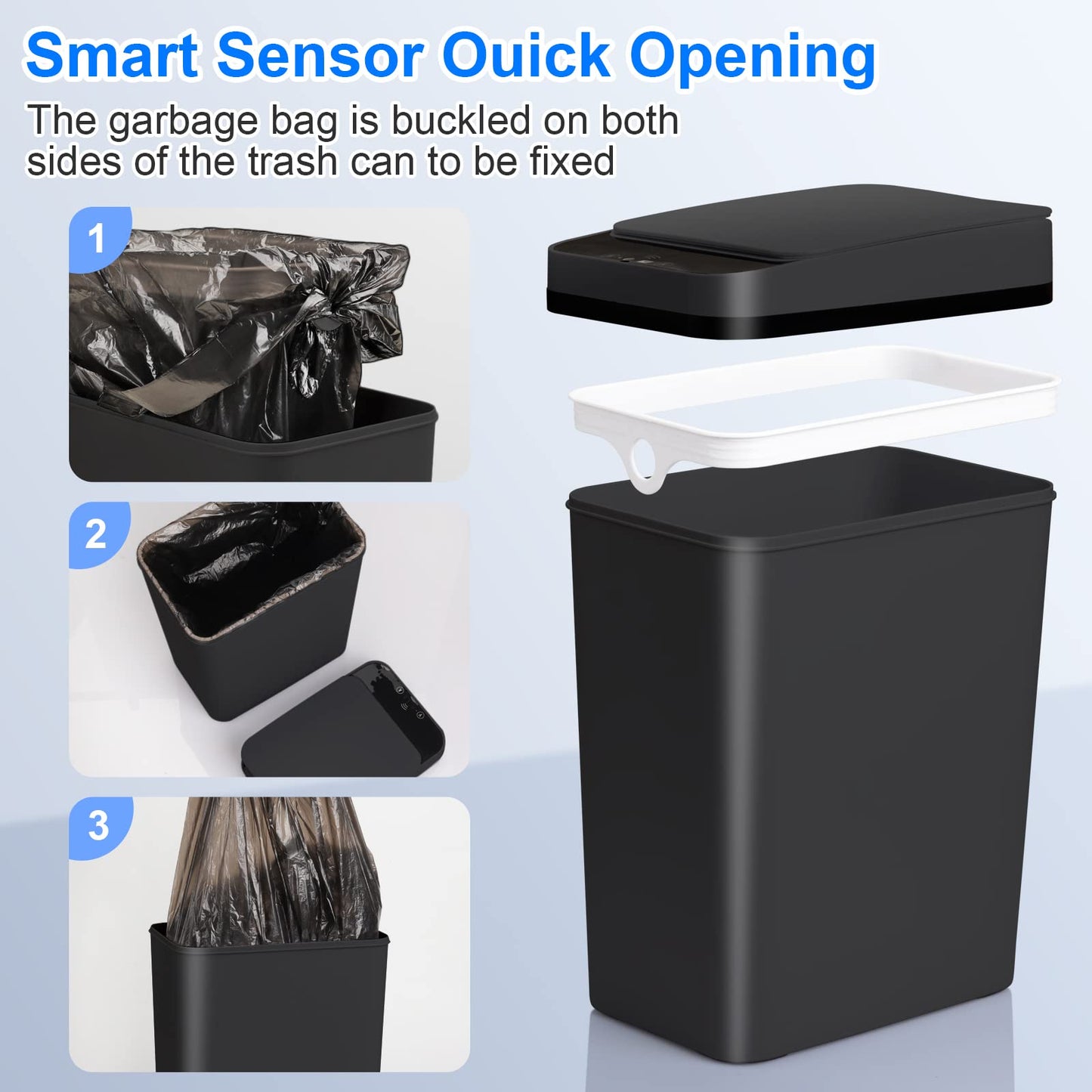 Anborry Bathroom Automatic Trash Can 2 Pack 2.2 Gal & 4 Gal Touchless Motion Sensor Small Garbage Can with Lid Smart Electric Narrow Garbage Bin for Bedroom Office Kitchen (Black)