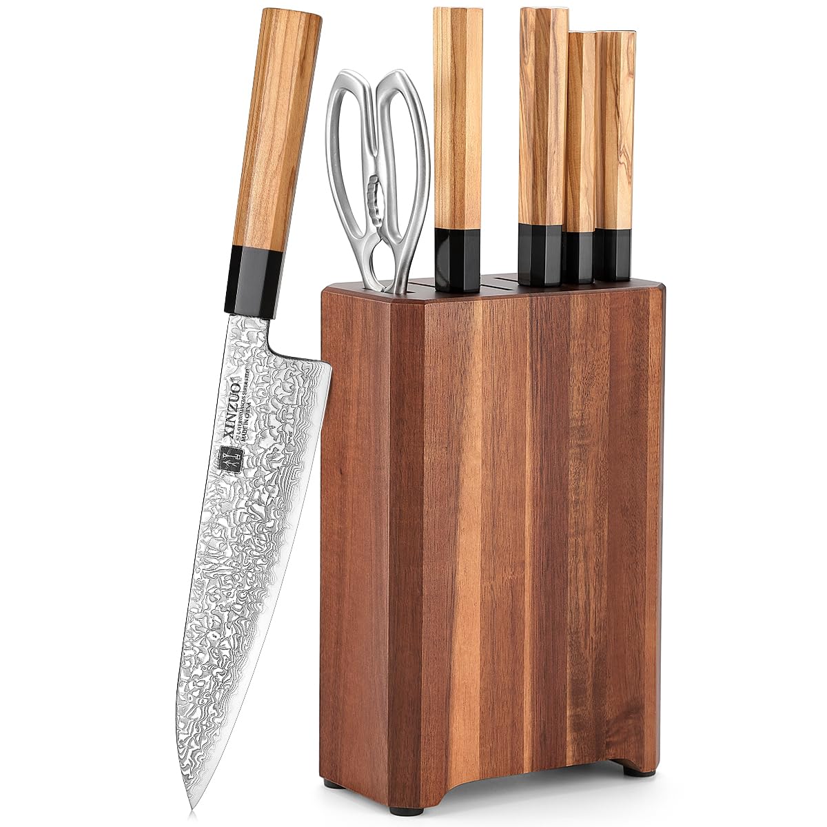 XINZUO Knife Block Set,Hand Forged 67 Layers Damascus Steel,7 Pieces Professional Chef Knife Set with Block&Kitchen Shear&Block, Razor Sharp, Olive Wood Octagonal Handle,Exquisite Box Package