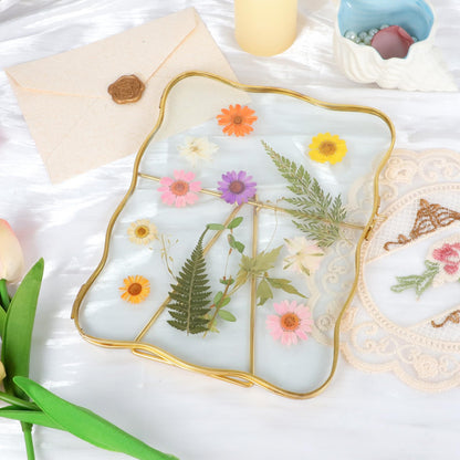 Himitimi Double Glass Frame for Pressed Flowers, 6x8 Inch Handmade Wave Pressed Flower Frame Metal Floating Picture Frame for Tabletop Display DIY Artwork Home Decor(Gold)