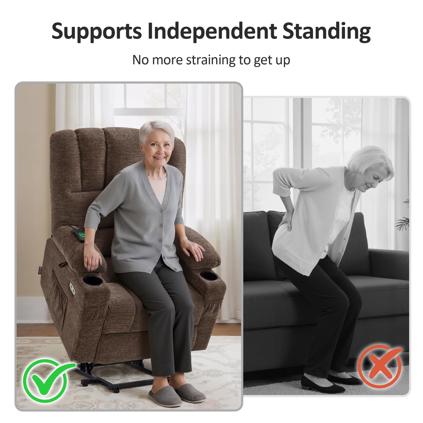 MCombo Power Lift Recliner Chair for Elderly, Lift Chair with Heat and Massage, USB &Type C Ports, Cup Holders, Fabric 7095 (Medium, Mocha)