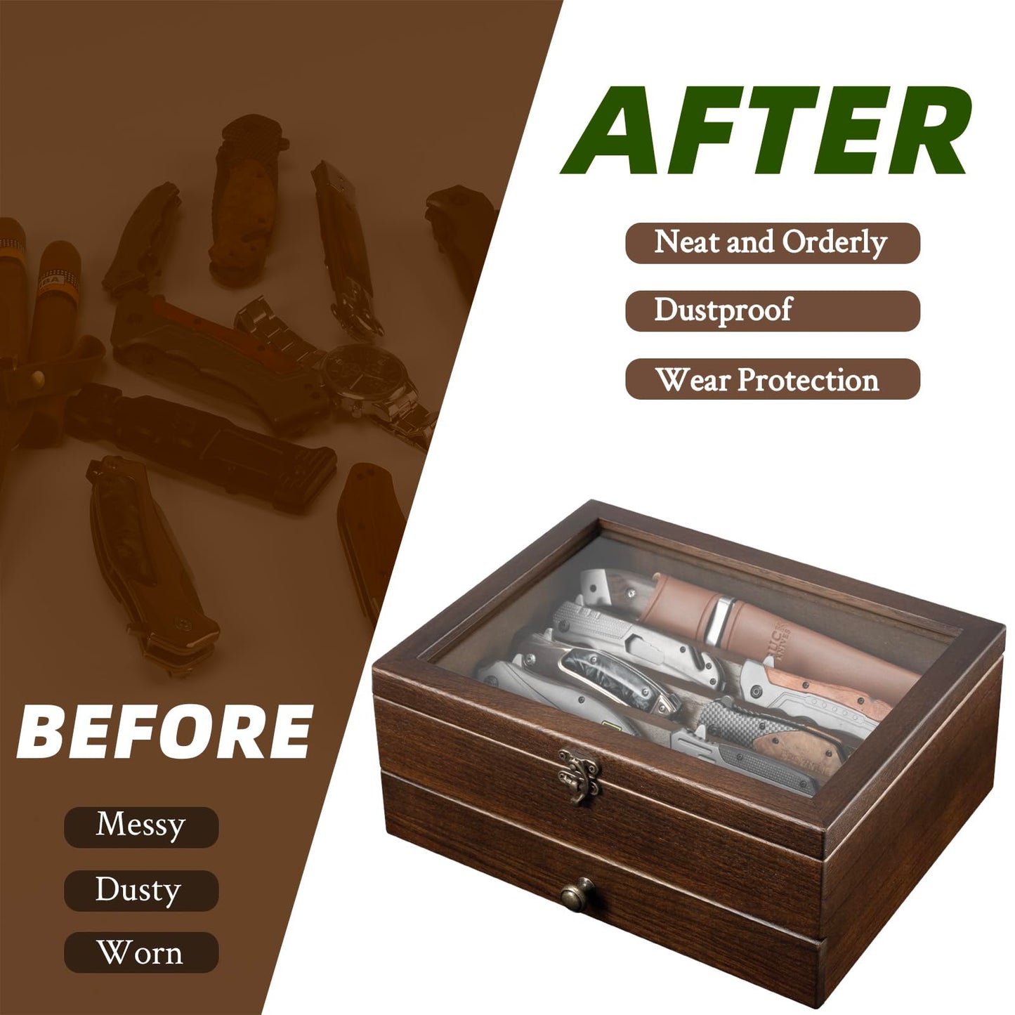 Knife Display Case Knife Collection Display Holder with Glass Lid, 2-Layer Wooden Pocket Knife Case with Drawers