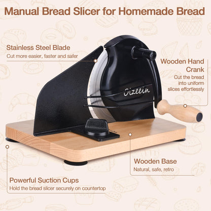 Manual Bread Slicer for Homemade Sourdough Bread, Hand Crank Bread Slicer with Scale Line, Metal Guide & Adjustable Thickness Bread Loaf Slicer, Sharp Blade Bread Cutter for Sourdough Bread (Black)