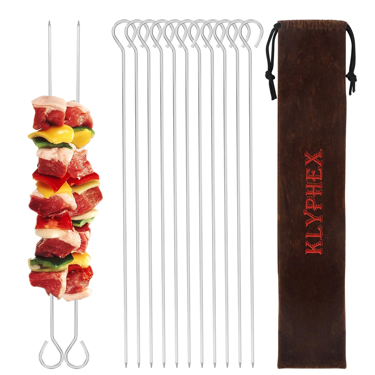 12" 12 Pack - Metal Skewers Reusable Kabob Skewers BBQ Barbecue Skewers for Grilling, Stainless Steel