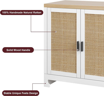 GarveeHome 60 in Farmhouse Rattan Buffet Cabinet - 4-Door Woven Storage Sideboard with Adjustable Shelves, Kitchen Console Table for Dining Room & Living Room Entryway (White & Brown)