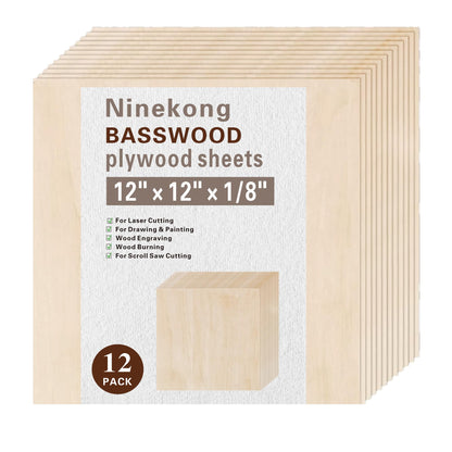 12 Pack Basswood Sheets 1/8 inch,12"x12"x1/8" Plywood Sheets,3mm Basswood for Laser Cutting,Laser Engraving Blanks,Thin Natural Unfinished Wood for Crafts,Wood Burning,Scroll Saw Cutting