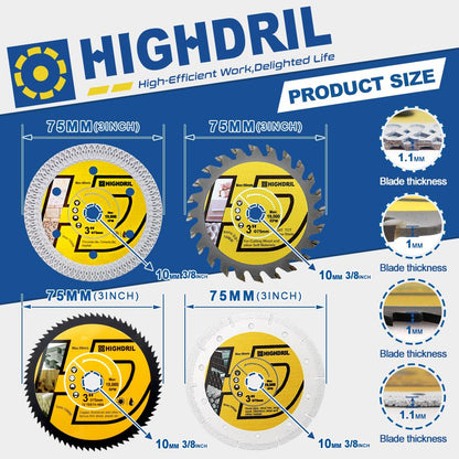 HIGHDRIL 3" 75mm Circular Saw Blade Set 4pcs and HIGHDRIL Diamond Drill Bits Kit