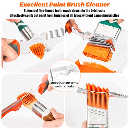 PinStone Paint Brush and Roller Cleaner Tool - Paint Brush Comb, Paint Roller Cleaner, Solvent-Resistant Stainless Steel Blade, Easy Grip Rubber Handle, Putty Knife Scraper, 8-in-1 Painters Tool
