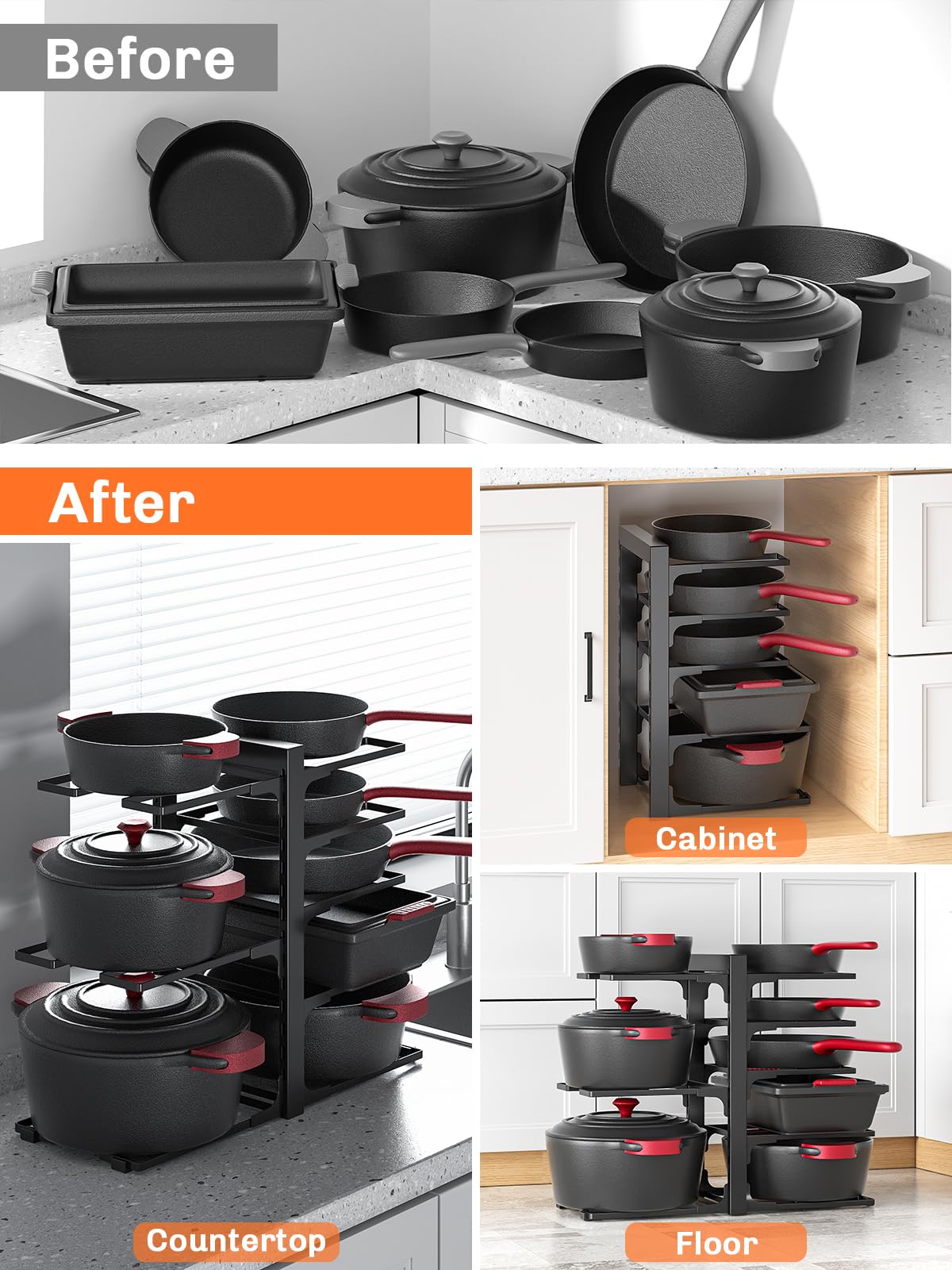 MUDEELA 8-Tier Pots and Pans Organizer under Cabinet, 15.83" Height Heavy Duty Pot Pan Organizer Kitchen Cabinet Organization and Storage, Adjustable Pot Rack for Frying Pan, Cast Iron Skillet, Black