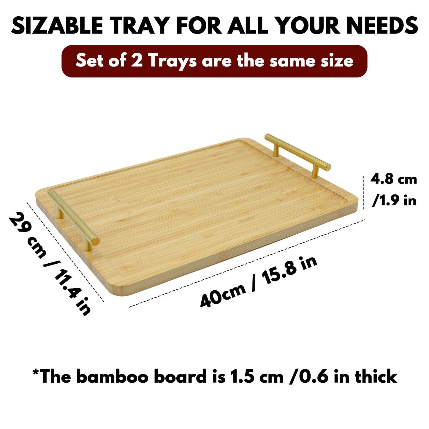 HAUSMODA 2 Pack Bamboo Serving Tray with Metal Handles, 15.8×11.4“ Solid Wooden Tray for Food, Rectangular Decorative Tray for Ottoman, Coffee Table, Living Room, Bathroom, Party
