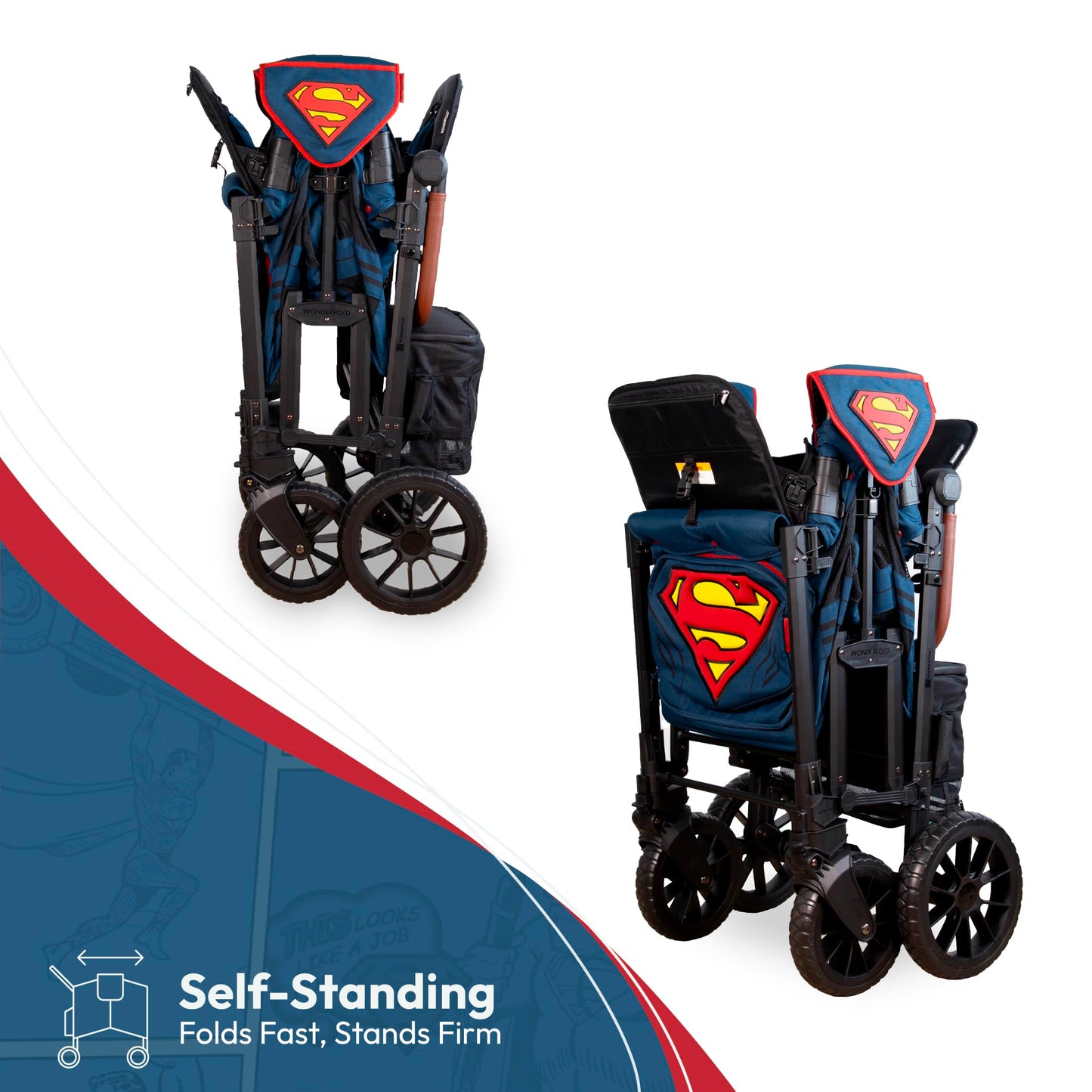 WONDERFOLD W2 Luxe Pro Special Edition Superman Stroller Wagon (2 Seater) - Collapsible Wagon Stroller with Seats with 5-Point Harnesses, Easy Access Zipper Door, and Removable Sun Canopy