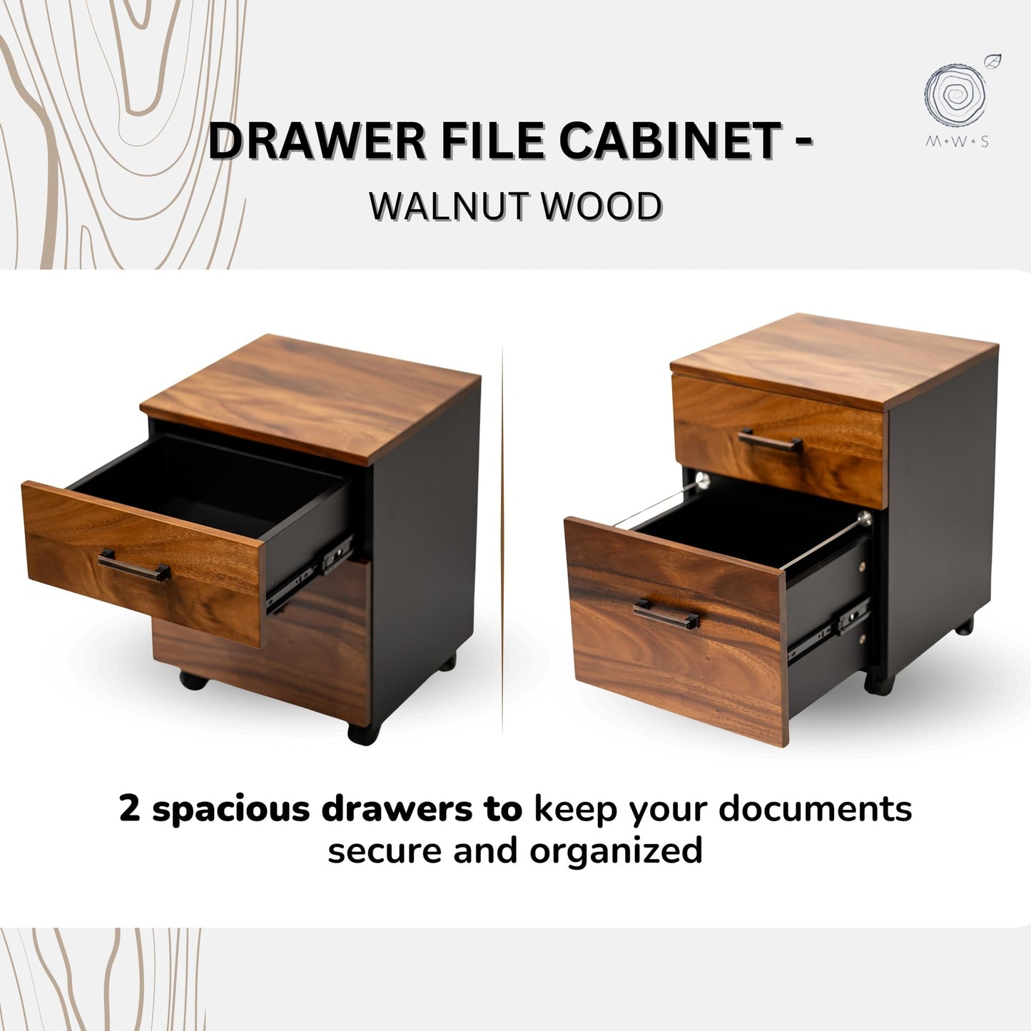 2 Drawer Walnut Wood File Cabinet – Under Desk Filing Cabinet with Rolling Wheels – 21"x16"x15" Spacious Dual Compartments for Home Office Storage