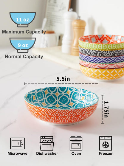 Metahom Small Dessert Bowls, Ceramic Snack Bowls for Kitchen, 11 Oz Colorful Shallow Bowl Set for Ice Cream, Condiments, Side Dishes, Set of 6, Dishwasher & Microwave Safe