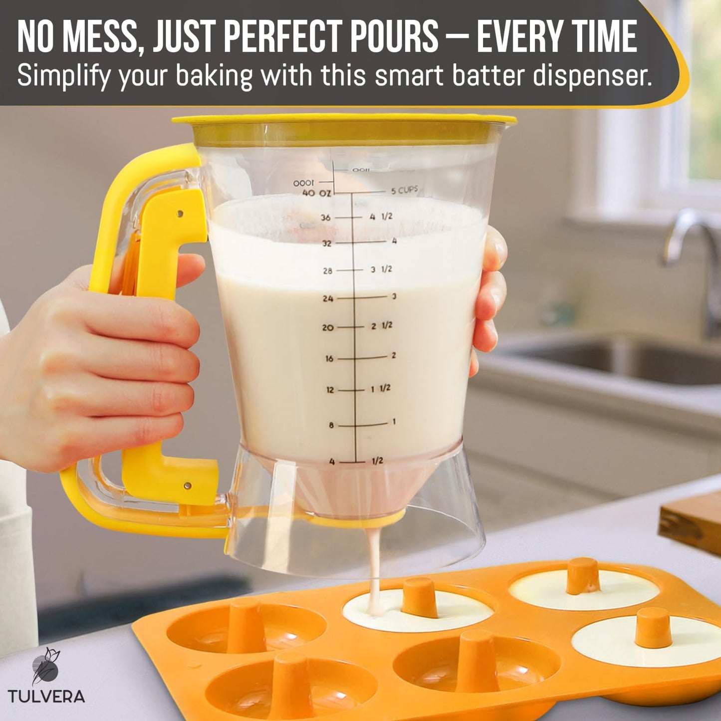 Pancake Batter Dispenser | 5-Cup Mix Pourer for Pancakes, Waffles, Crepes, Muffins, Cupcakes | Squeeze Handle, Portion Control Pitcher, Durable Drip-Free Design | Baking Accessories (Classic Yellow)