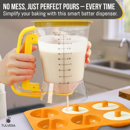 Pancake Batter Dispenser | 5-Cup Mix Pourer for Pancakes, Waffles, Crepes, Muffins, Cupcakes | Squeeze Handle, Portion Control Pitcher, Durable Drip-Free Design | Baking Accessories (Classic Yellow)