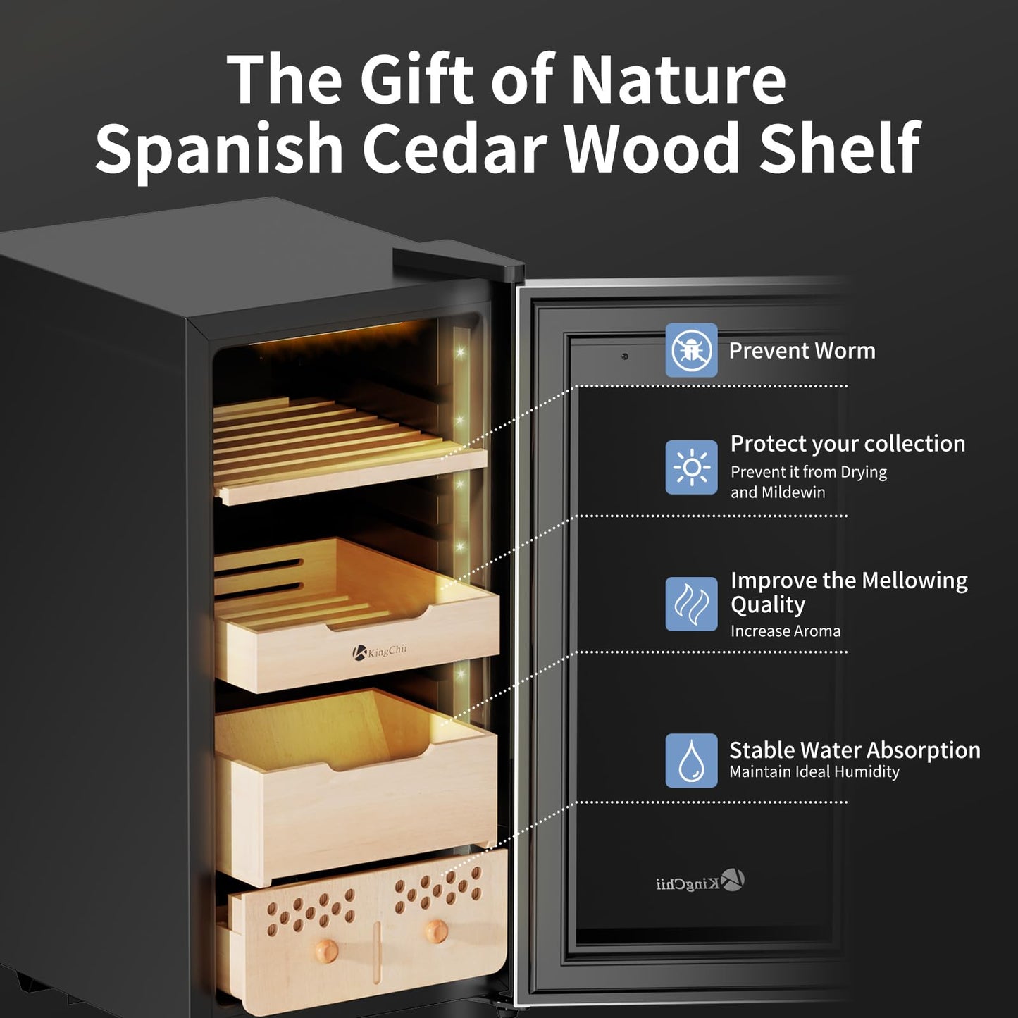KingChii 50L Electric Cigar Humidor, Compressor Control Temperature (64-72℉) & Humidity (60%-84%), with Spanish Cedar Wood Shelves & Drawer, Gifts for Men (400 Cigars)