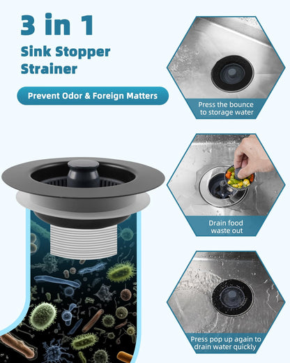 Universal 3 in 1 Kitchen Sink Drain Strainer Stopper Combo, Black Stainless Steel Shell Pop Up Sink Stopper for US Standard 3-1/2 inch Drain Filter, Anti-Clog and Easy Clean, Matte Black
