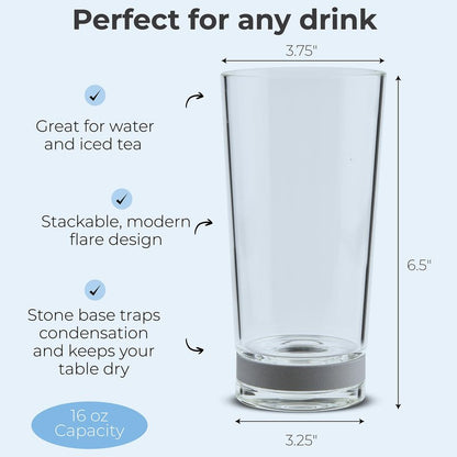 Coast Glassware The Tall – Protect Your Table – Highball Glass with Built-In Stone Coaster – Absorbent Cocktail & Water Tumblers, Set of 4, 16 oz
