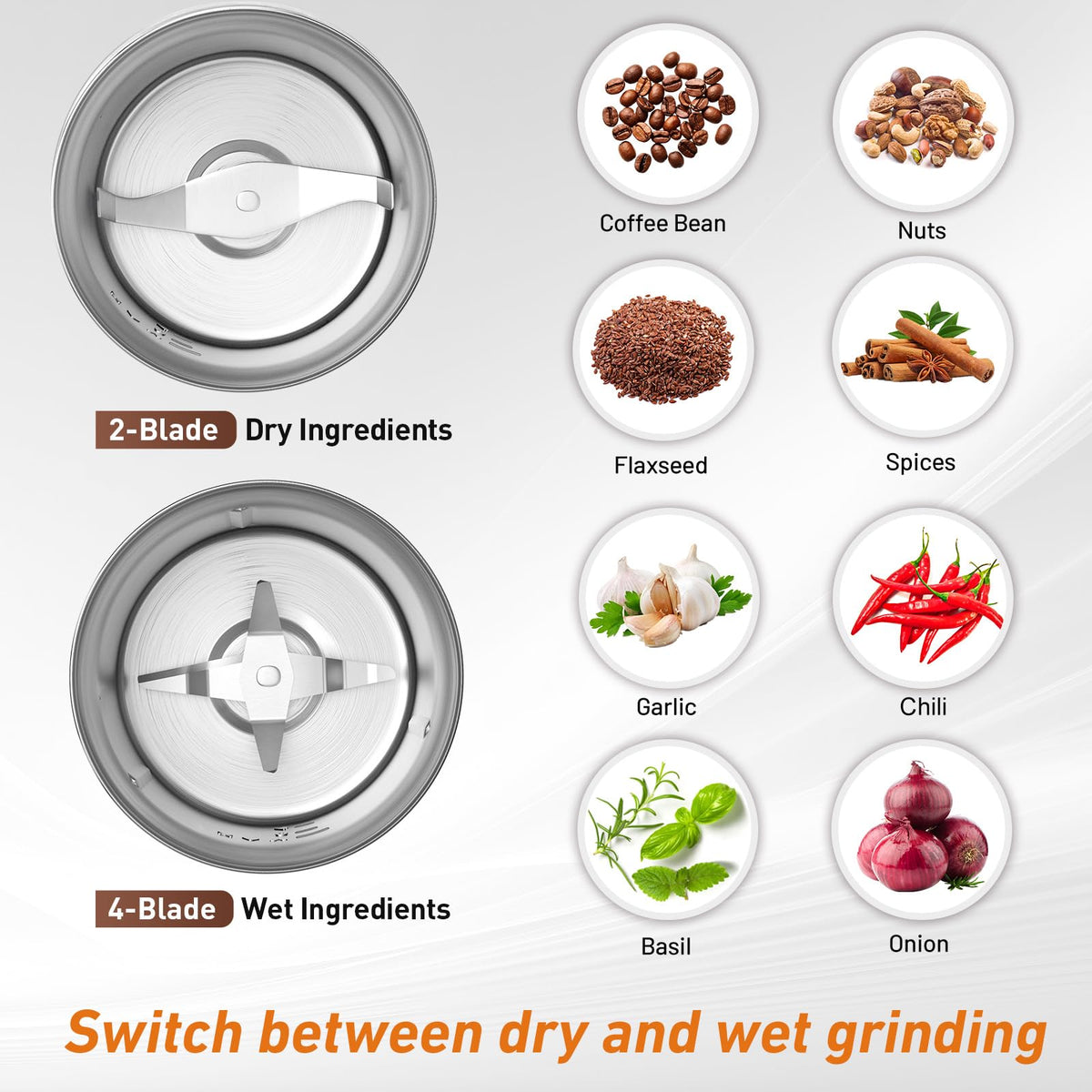 Secura Electric Coffee Grinder and Spice Grinder with 2 Stainless Steel Blades Removable Bowls