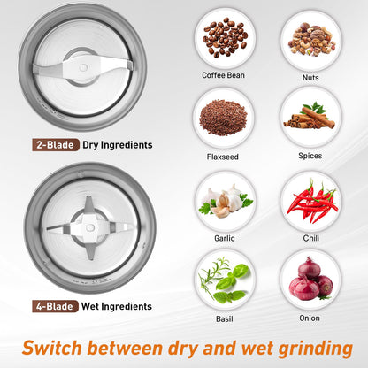 Secura Electric Coffee Grinder and Spice Grinder with 2 Stainless Steel Blades Removable Bowls