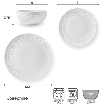 Pfaltzgraff Josephine 24-Piece Dinnerware Set, Porcelain Dish Set with Embossed Basket Weave Design, Service for 8, White Plates and Bowls Sets, Microwave and Dishwasher Safe