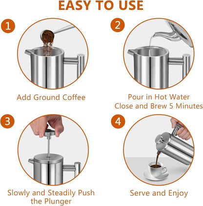 French Press, 12oz Double-Wall Insulated Coffee Maker, Stainless Steel with 3 Level Filtration System