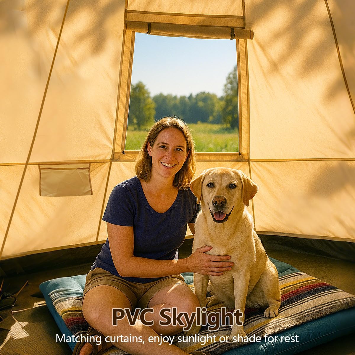 Bell Yurt Tent, Waterproof Luxury 4 Season Hot Tent with Stove Jack/Air Conditioner Vents/2 Skylight for Family Outdoor Camping Oxford Glamping Tents for All Year Living (Beige Oxford 5M Yurt)