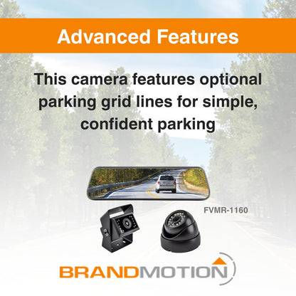 Brandmotion FVMR-1160 Universal Digital Rearview Mirror and Cargo Vision Camera System | Waterproof & Shockproof Case | Parking Grid Lines Available | Rear View Camera with Night Vision