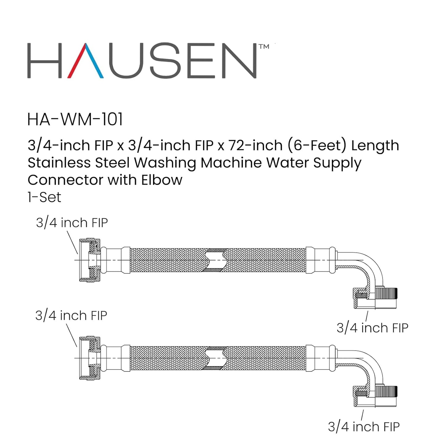 Hausen 72-Inch Stainless Steel Washing Machine Connector, 6 Feet Elbow Supply Line (1-Pack)