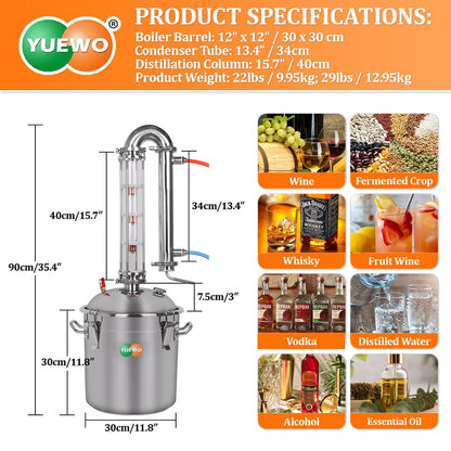 YUEWO Alcohol Still 5.8GAL/13.2GAL Stainless Steel Alcohol Distiller Home Brewing Distillery Kit with 2” Crystal Still Column for DIY Whisky Wine Brandy Gin Vodka Alcohol Making