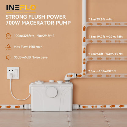 700MAX Macerator Pump for Basement Upflush System, Sewage Grinder Pump with with 4 Water Inlets for Toilet/Shower/Basin Waste Water Disposal, Durable Copper Motor, 29.8 ft Vertical