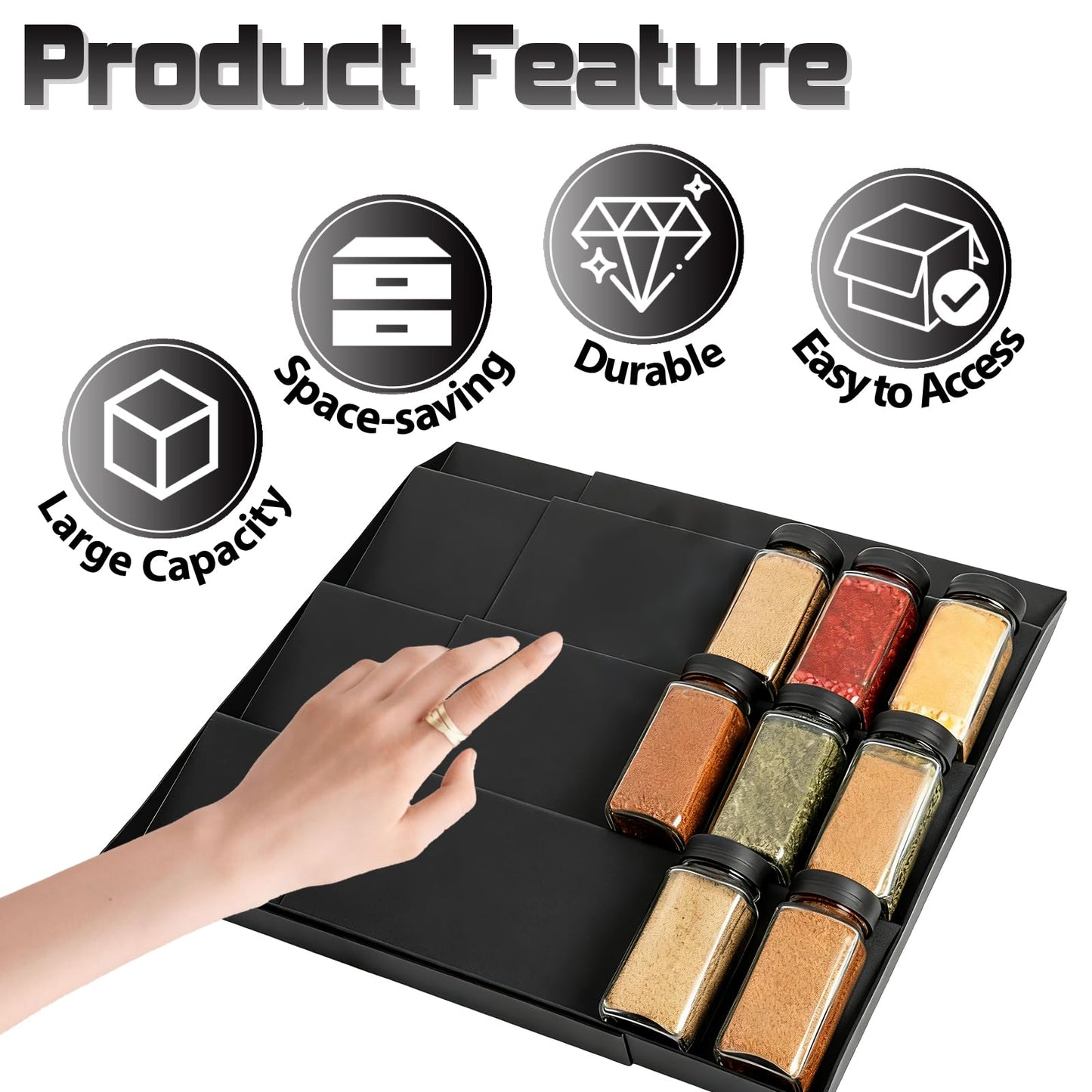 Pesilo Spice Drawer Organizer, 4 Tier- 6 Pack Drawer Seasoning Organizers, Kitchen Spice Rack Tray Expandable From 12" to 24", Black Spice Rack Insert for Cabinet Countertop(Jars Not Included)
