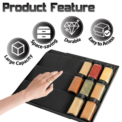 Pesilo Spice Drawer Organizer, 4 Tier- 6 Pack Drawer Seasoning Organizers, Kitchen Spice Rack Tray Expandable From 12" to 24", Black Spice Rack Insert for Cabinet Countertop(Jars Not Included)